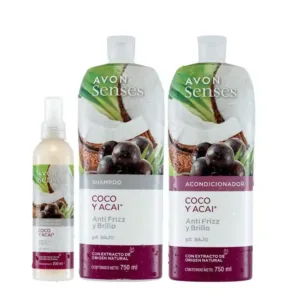 Shampoo Acondicionador y Spray Capilar Coco y Acai Avon Senses